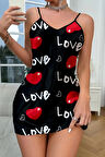 Love Desenli Siyah Saten Gecelik
