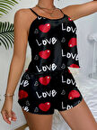 Aşk Temalı Kalp Desenli Siyah Saten Şortlu Gecelik Takım