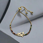 Koruyucu Kuş Motifli, 14 Ayar Altın Plakalı ve Özel Renkli Taşlı Nazar Göz Bilekliği