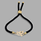 Özel Dokunuşlara Sahip 14 Ayar Altın Plakalı ve Kuş Motifli Siyah Örgü E Harfi Bilekliği