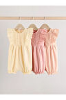 %100 Pamuklu Krem Pembe Fırfır Kol Dantel Detaylı 3'lü Romper Set