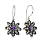 Harem Altın Gümüş Mor Taşlı Çiçek Küpe