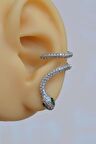 Yeşil Gözlü Yılan Earcuff Sıkıştımalı Kıkırdak Küpesi Gümüş Renk