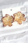 Pirinç Gold Renk Bordo Renk Detaylı Lotus Kadın Küpe
