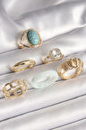 Pirinç Gold Renk Kare Zirkon Taşlı Sarmal Model Mavi Taş Detay 6'Lı Kadın Yüzük Seti