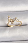 Pirinç Gold Renk Zirkon Taşlı Kelebek Model İnci Detay Ayarlanabilir Yüzük - EBJ250113W30553