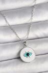 Gümüş Renk Zincir Beyaz Mineli Turkuaz Göz İşleme Model Kadın Kolye - EBJ250201W30817