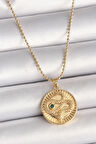 Gold Renk Topçuk Zincir Yılan İşlemeli Zirkon Taş Detaylı Madalyon Model Kadın Kolye - EBJ250301W31338