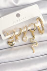 Pirinç Gold Renk Sallantı Yılan Model Zirkon Taşlı Halka Kilit Kalp Detay Kadın Küpe Seti - EBJ250412W32569