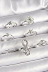 Pirinç Gümüş Renk Yonca Figür Sonsuzluk Zirkon Taşlı Kalp Detay Kadın Yüzük Seti - EBJ250412W32473