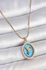 Gold Renk Zincir Mavi Mineli İncili Zirkon Taşlı Çiçek İşlemeli Portre Model Kadın Kolye - EBJ250519W33981