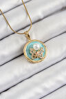 Zincir Zirkon Taşlı Turkuaz Sanatsal Portre İnci Detaylı Kelebek Model Gold Renk Kadın Kolye - EBJ250605W34542