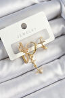 Pirinç Zirkon Taşlı Yıldız Model Gold Renk 3'lü Çift Kadın Küpe Set - EBJ250705W36220