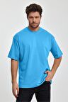 Erkek Oversize %100 Pamuk Nefes Alan Basic T-shirt Mavi Edw038