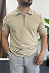 Erkek Yakası ve Kolu Nakış Detaylı Polo Yaka Fermuarlı Tişört Vizon Edw392