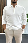 Erkek Yarım Fermuarlı Düz Desen Polo Yaka Kazak Beyaz Edw424