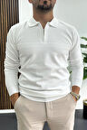 Erkek Slim Fit Çizgi Detaylı Polo Yaka Kazak Beyaz Edw427