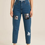 KADIN JEANS- BASKI DETAYLI BOYFRİEND KOT PANTOLON - MAVİ