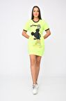 Bisiklet Yaka Baskılı Taşlı Fosforlu Sarı Kadın Elbise