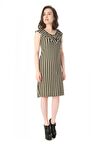 Volen Yaka Çizgili Haki Viskon Kadın Elbise