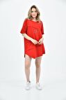 Bisiklet Yaka Kısa Kol Asimetrik Taşlı Kırmızı Kadın Elbise