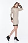 Kapüşonlu Kol ve Etek Deri Detaylı Bej Kadın Elbise