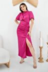 Büzgülü Saten Elbise - Fuşya