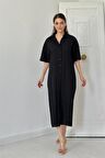 Keten Kısa Kollu Elbise - Siyah