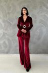 Kemerli Kadife Ceket ve Pantolon Takım - Bordo