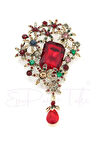 Kırmızı Taşlı Çiçekli Broş