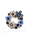 Lacivert Zirkon Taş Çiçekli Çelenk Broş