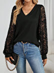 EQURİ Kadın Uzun Kollu V Yakalı Dantelli Viskon Iki Iplik Bluz