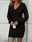 EQURİ Kadın Uzun Kollu V Yakalı Mini Triko Elbise