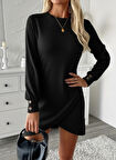 EQURİ Kadın Uzun Kollu Bisiklet Yaka önden Asimetrik Kesim Detaylı Mini Yumoş Elbise
