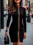 EQURİ Kadın Uzun Kollu önden Tam Boy Fermuarlı Renkli şerit Detaylı Viskon Iki Iplik Mini Elbise