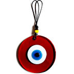 El Yapımı Vişne Kırmızısı Şeffaf Cam Nazarlık Deri İpli Duvar Süsü