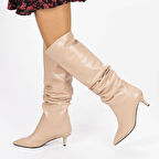 Vegan 6.5 cm Kısa Rahat Topuklu Sivri Burunlu Körüklü Uzun Kadın Çizme