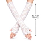Uzun Zarif Dantel Eldiven Parmaksız Beyaz 35 Cm