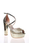 Gold Ayna Yüz Kristal Lazer Kadın Abiye Ayakkabı Kadın Topuklu Şık Gece Ayakkabısı