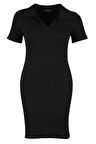 Moda Fit Casual Günlük Kaşkorse Örme Polo Yaka Kısa Kol Bodycone Mini Boy Büyük Beden Elbise