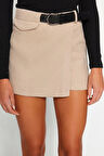 Moda Dokuma Yüksek Bel Boru Paça Business Antrasit Kemer Detaylı Dokuma Şort Etek