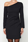 Moda Fit Mezuniyet Balo Finike Dokuma Asimetrik Yaka Uzun Kol Bodycone Mini Boy Elbise