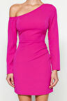 Moda Fit Mezuniyet Balo Finike Dokuma Asimetrik Yaka Uzun Kol Bodycone Mini Boy Elbise