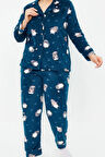 Tarz Rahat Büyük Beden Uzun Kollu Boru Paça Penguen Desenli Örme Pijama Takımı