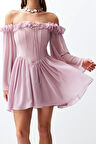 Moda Stil Regular Carmen Yaka Mini Boy A-Kesim Astarlı Volanlı Dokuma Şifon Kısa Şık Abiye Elbise