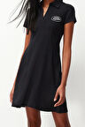 Moda Stil Regular Polo Yaka Mini Boy Skater Belden Açılan Nakışlı Pamuklu Esnek Örme Elbise