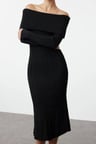 Moda Stil Regular Carmen Yaka Midi Boy Triko Basic Elbise