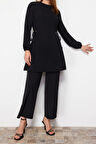 Moda Yüksek Bel Bisiklet Yaka Günlük Siyah Kuşgözü Bağlama Detaylı Aerobin Tunik-Pantolon Takım