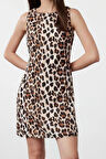 Moda Stil Regular Bisiklet Yaka Mini Boy Leopar Desenli Düz Kesim Saten Dokuma Elbise