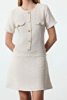 Moda Stil Regular Bisiklet Yaka Mini Boy A Kesim Düğme Detaylı Tüvit Dokuma Elbise